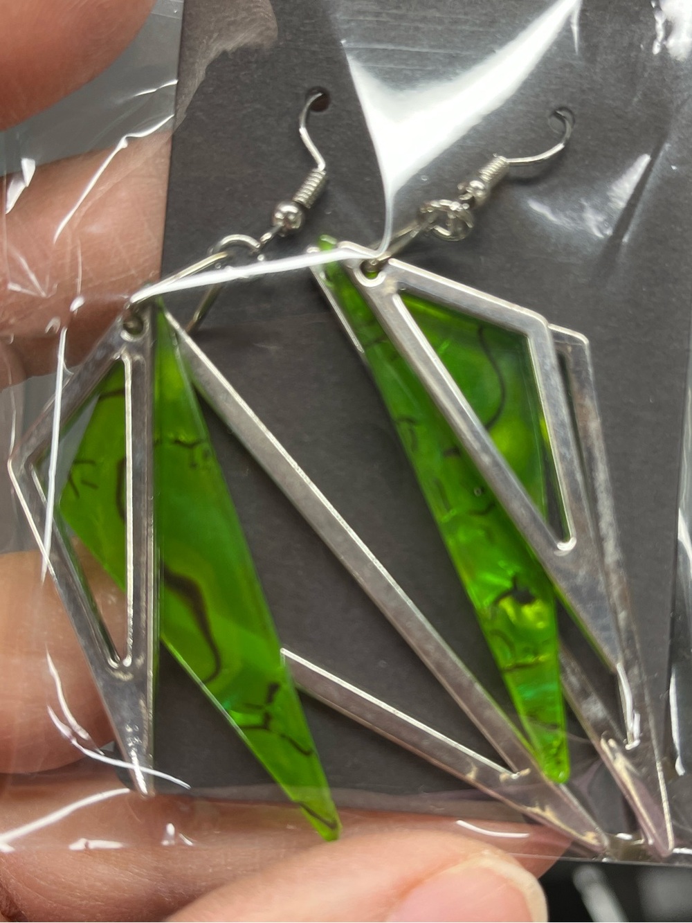 Green Acrylic & Silver Geometric Hook Dangle Earrings